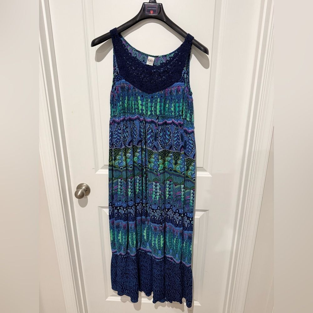 Bila Vibrant Blue and Green Print Patterned Midi Dress Small